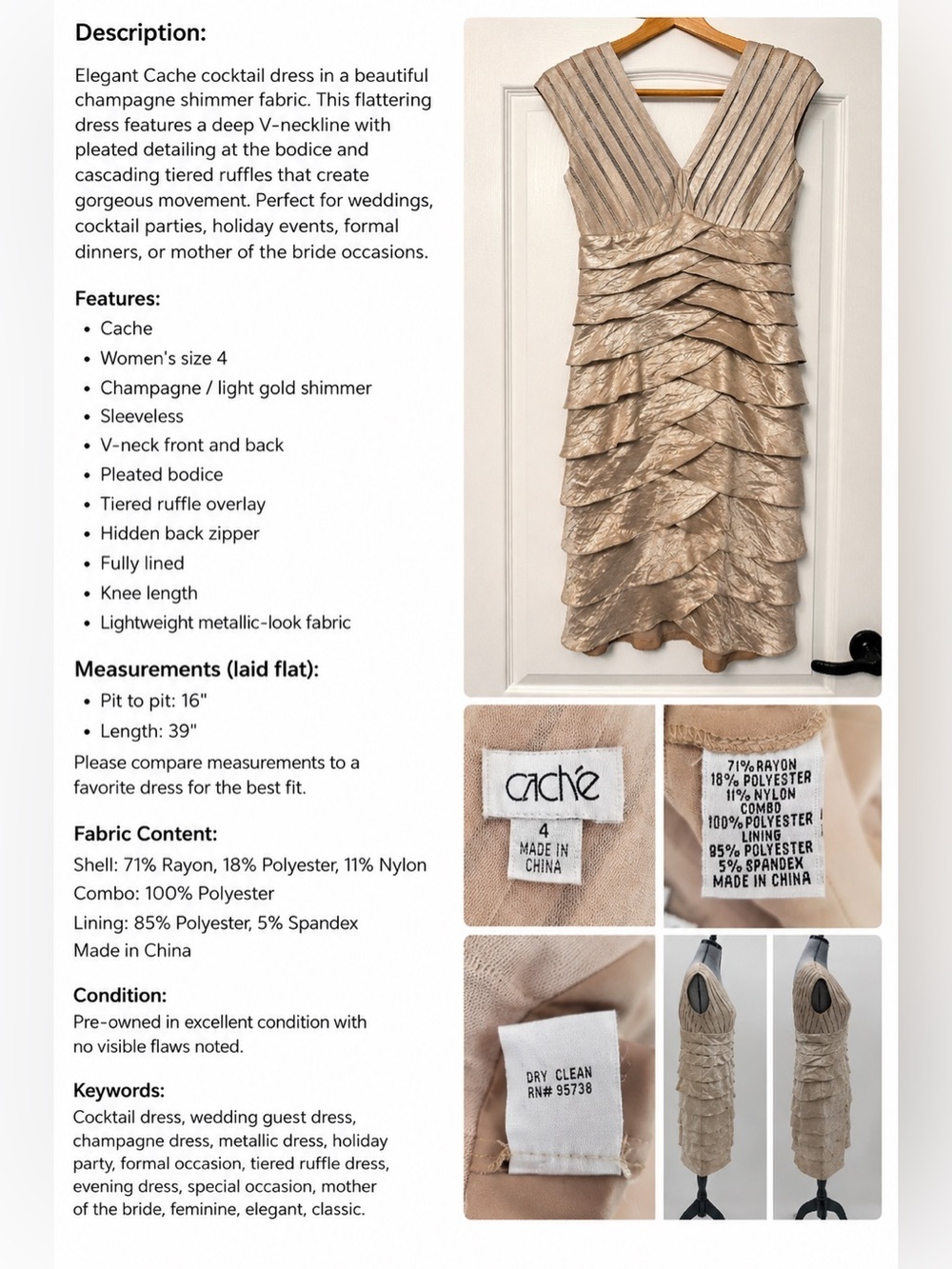 Cache Champagne Shimmer Tiered Ruffle Cocktail Dress | Size 4